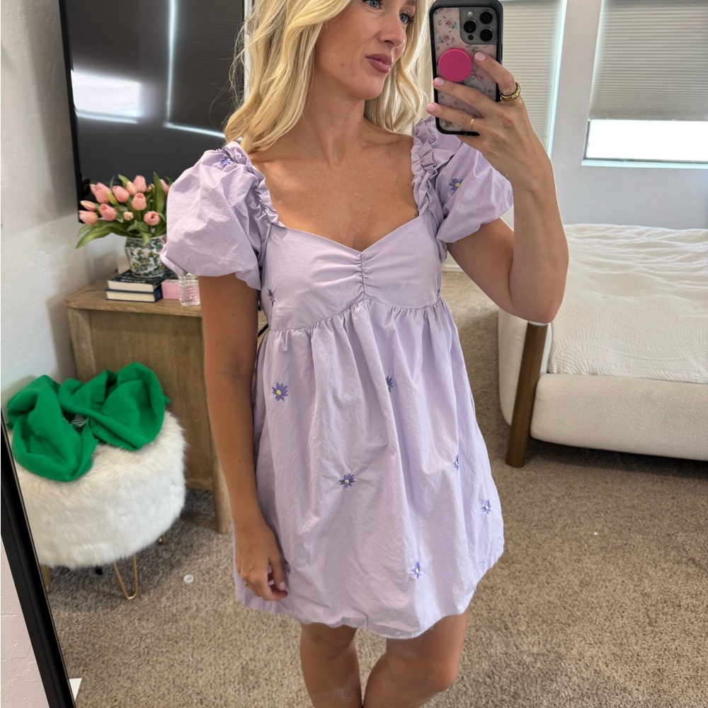 Lilac Puff Sleeve Dress with Floral Embroidery